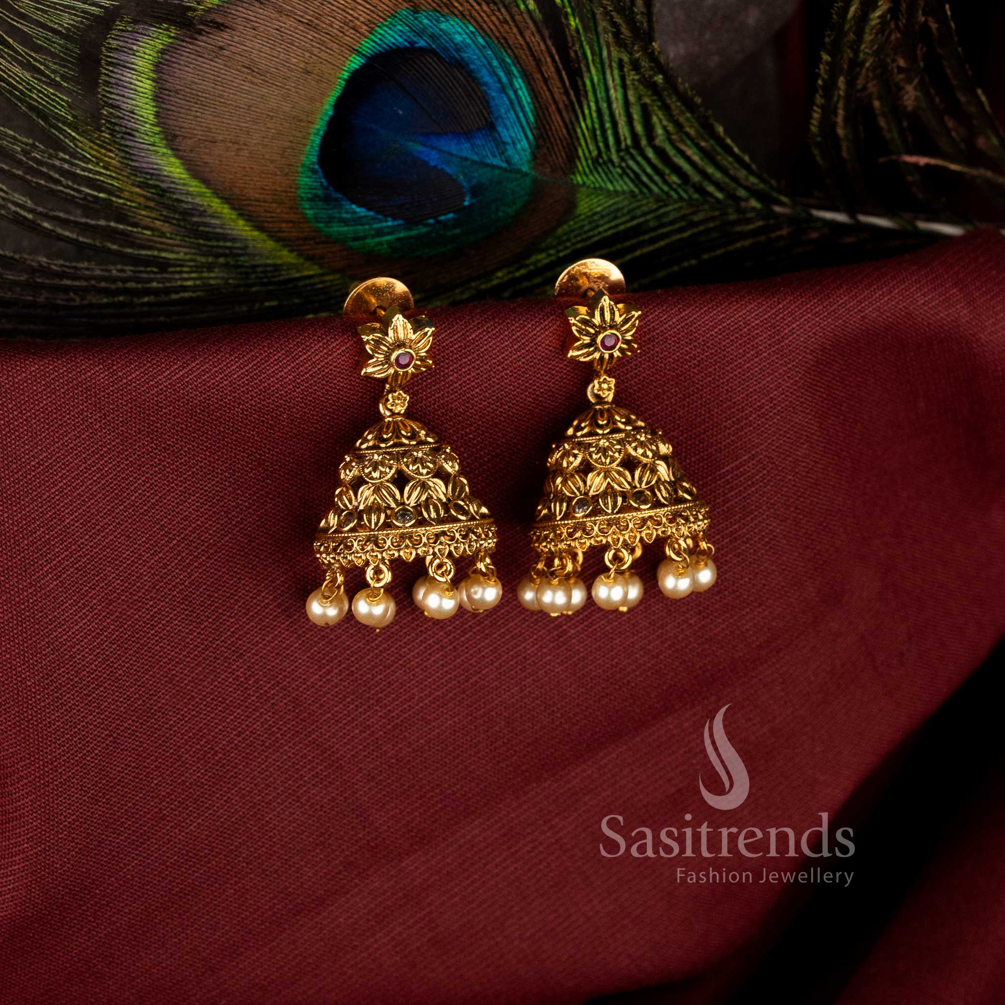 Heritage star motif floral matte gold plated jhumka earrings with hanging pearls - Sasitrends