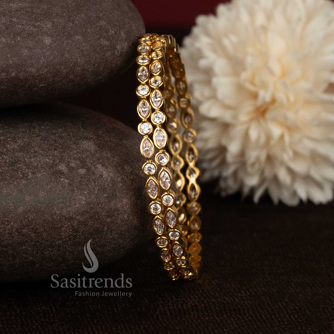 Radiant Leaf Link American Diamond One Gram Micro Gold Plated Bangles with elegant stone detailing - Sasitrends