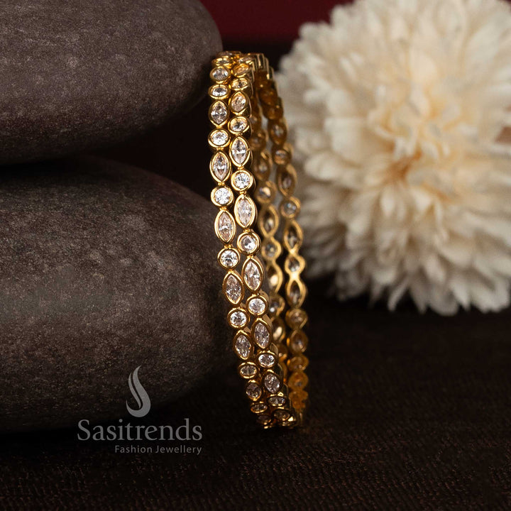 Radiant Leaf Link American Diamond One Gram Micro Gold Plated Bangles with elegant stone detailing - Sasitrends