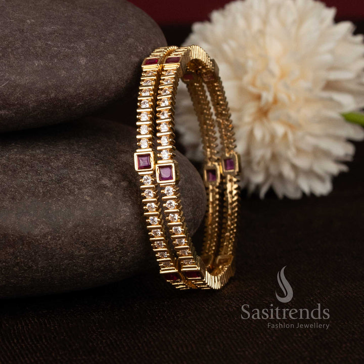 Regal Square Motif American Diamond micro gold plated bangle with elegant geometric detailing - Sasitrends