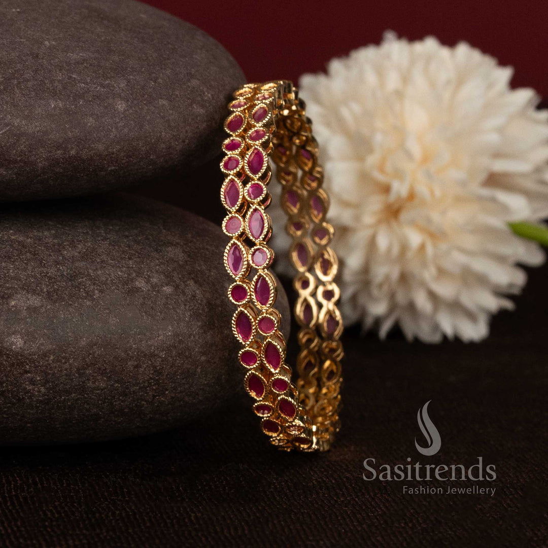 Gorgeous marque leaf link micro gold plated bangles with american diamond stones - Sasitrends