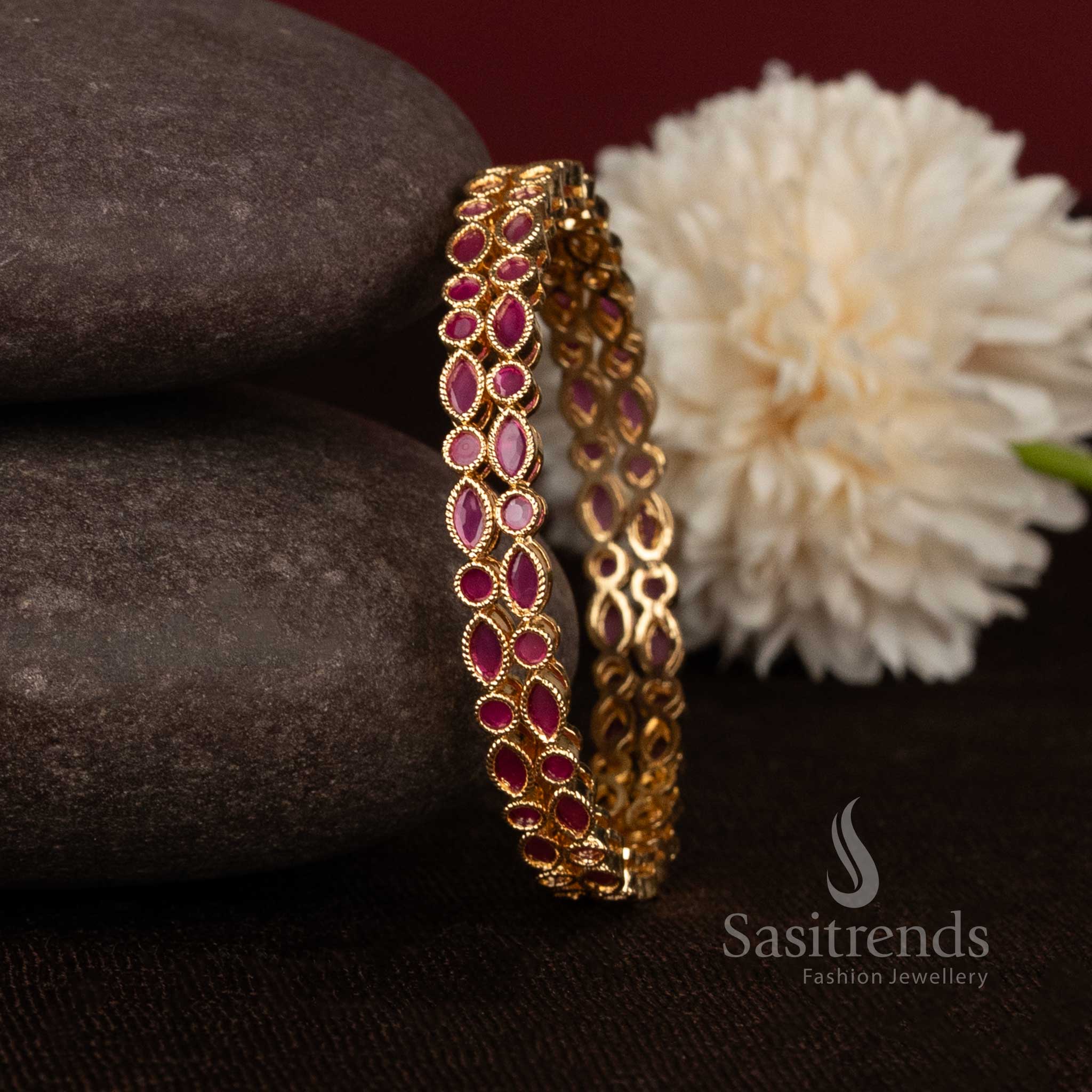 Gorgeous marque leaf link micro gold plated bangles with american diamond stones - Sasitrends