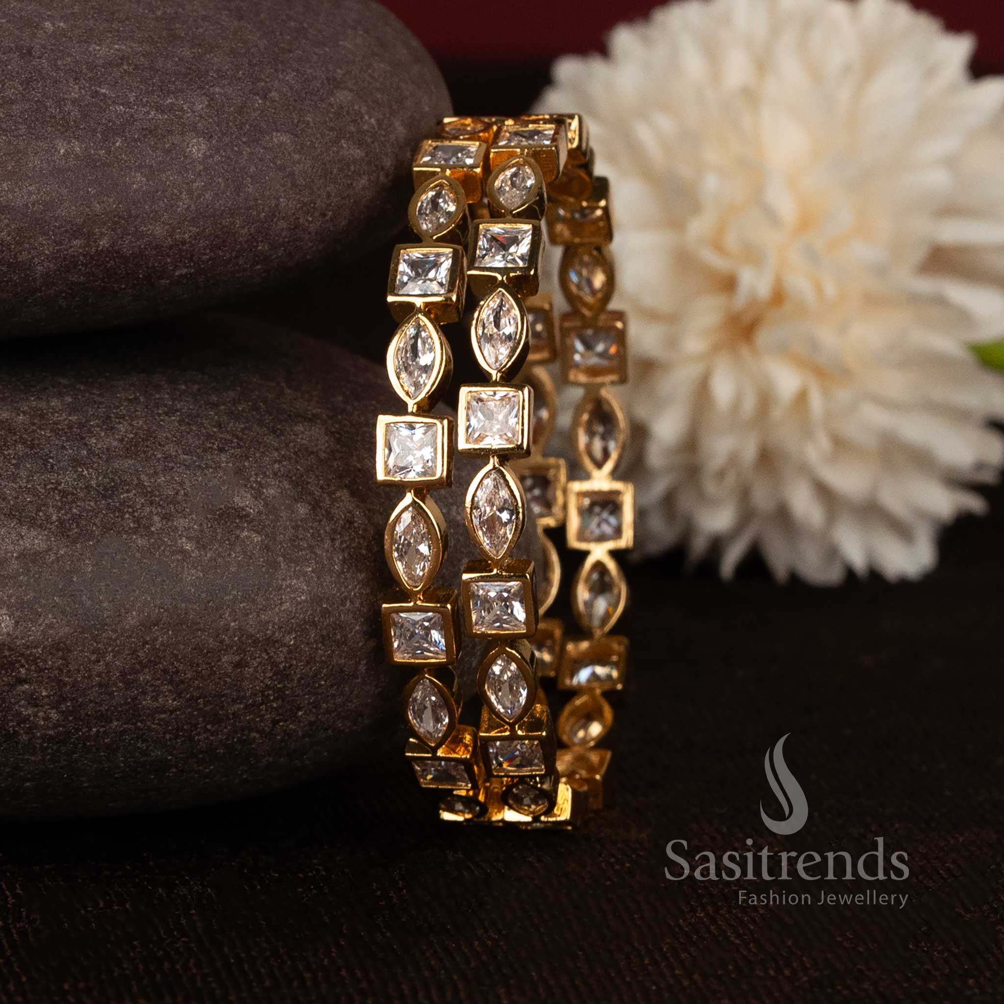 Gorgeous square marquise link micro gold plated bangles with american diamond stones - Sasitrends
