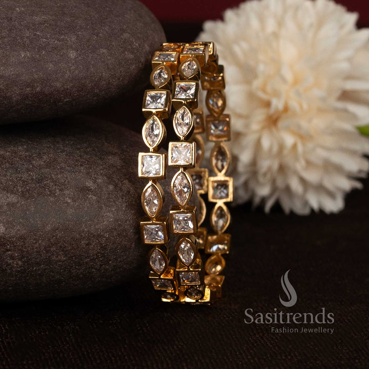 Gorgeous square marquise link micro gold plated bangles with american diamond stones - Sasitrends