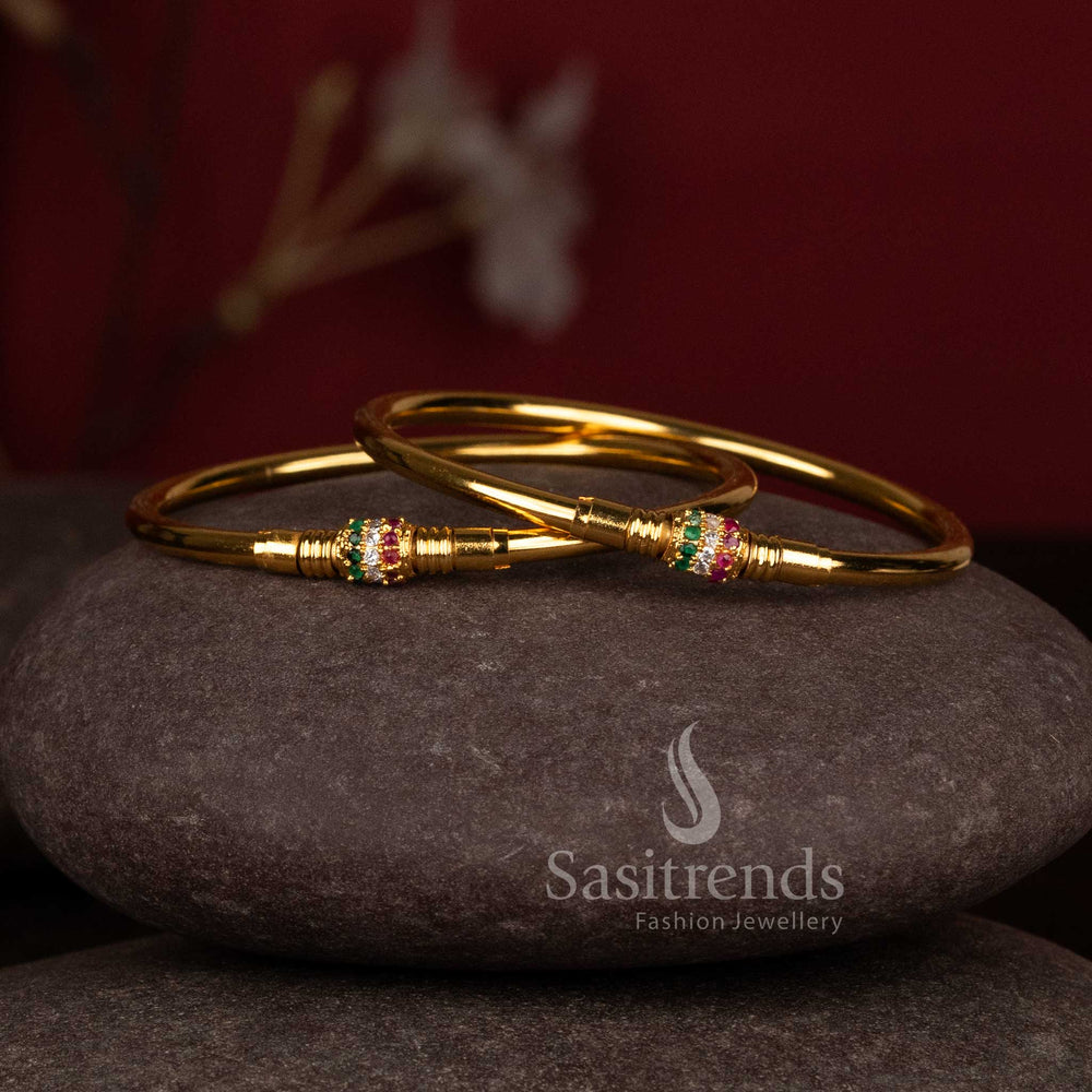Gorgeous sleek triple row pave barrel micro gold plated bangles for simple style - Sasitrends