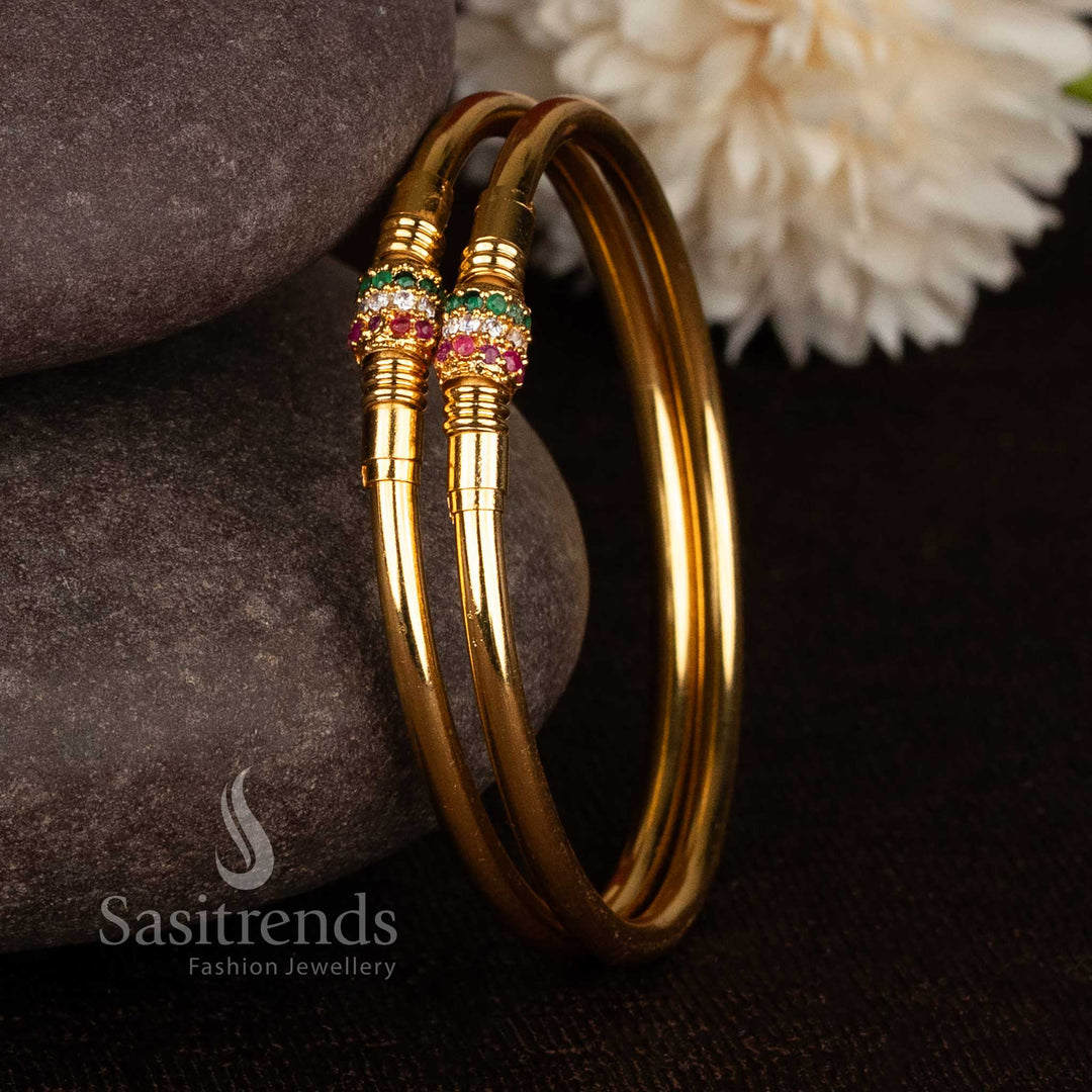 Gorgeous sleek triple row pave barrel micro gold plated bangles for simple style - Sasitrends