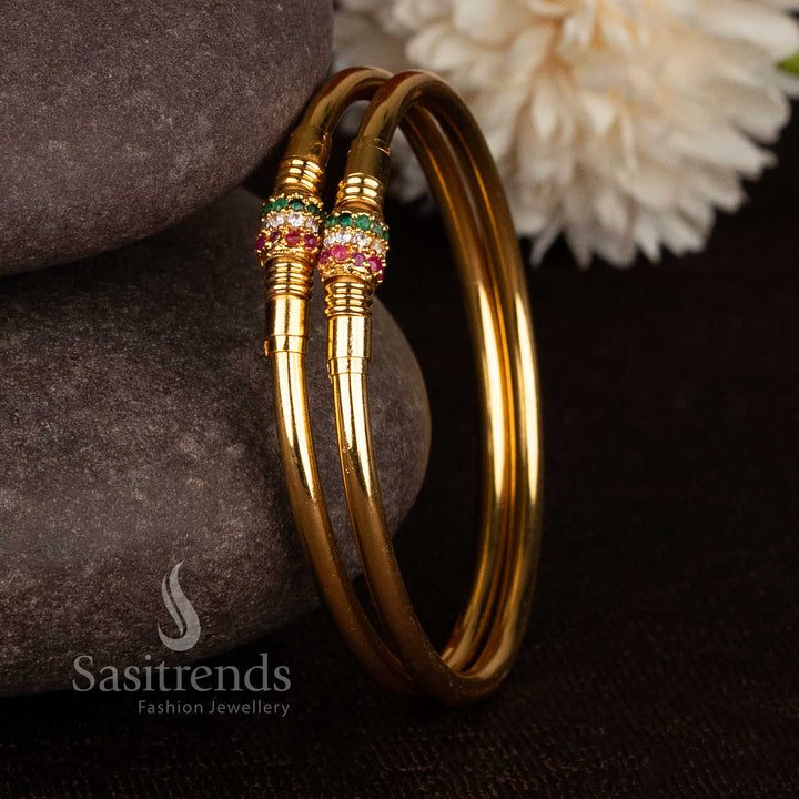 Gorgeous sleek triple row pave barrel micro gold plated bangles for simple style - Sasitrends