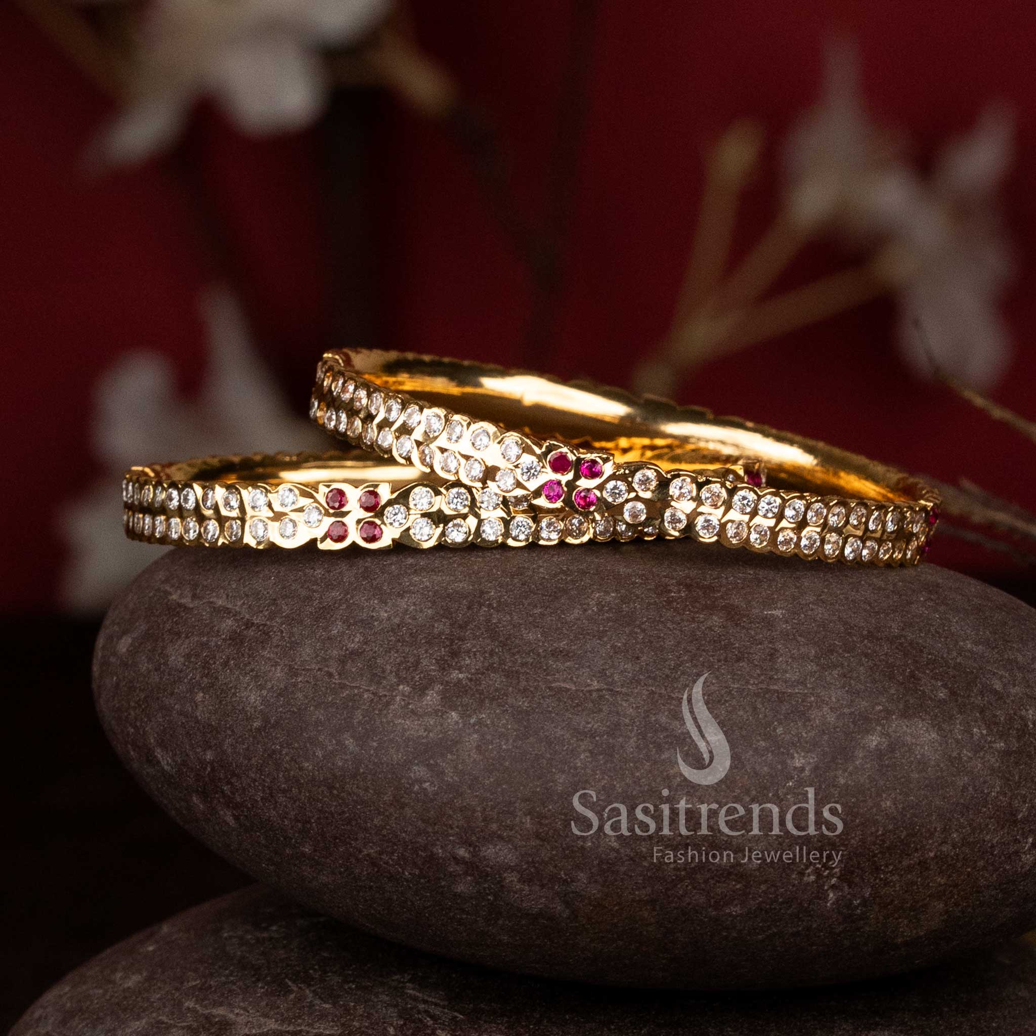 Guaranteed 24 Carat Impon Micro Gold Plated Bangles with elegant floral cluster motifs - Sasitrends