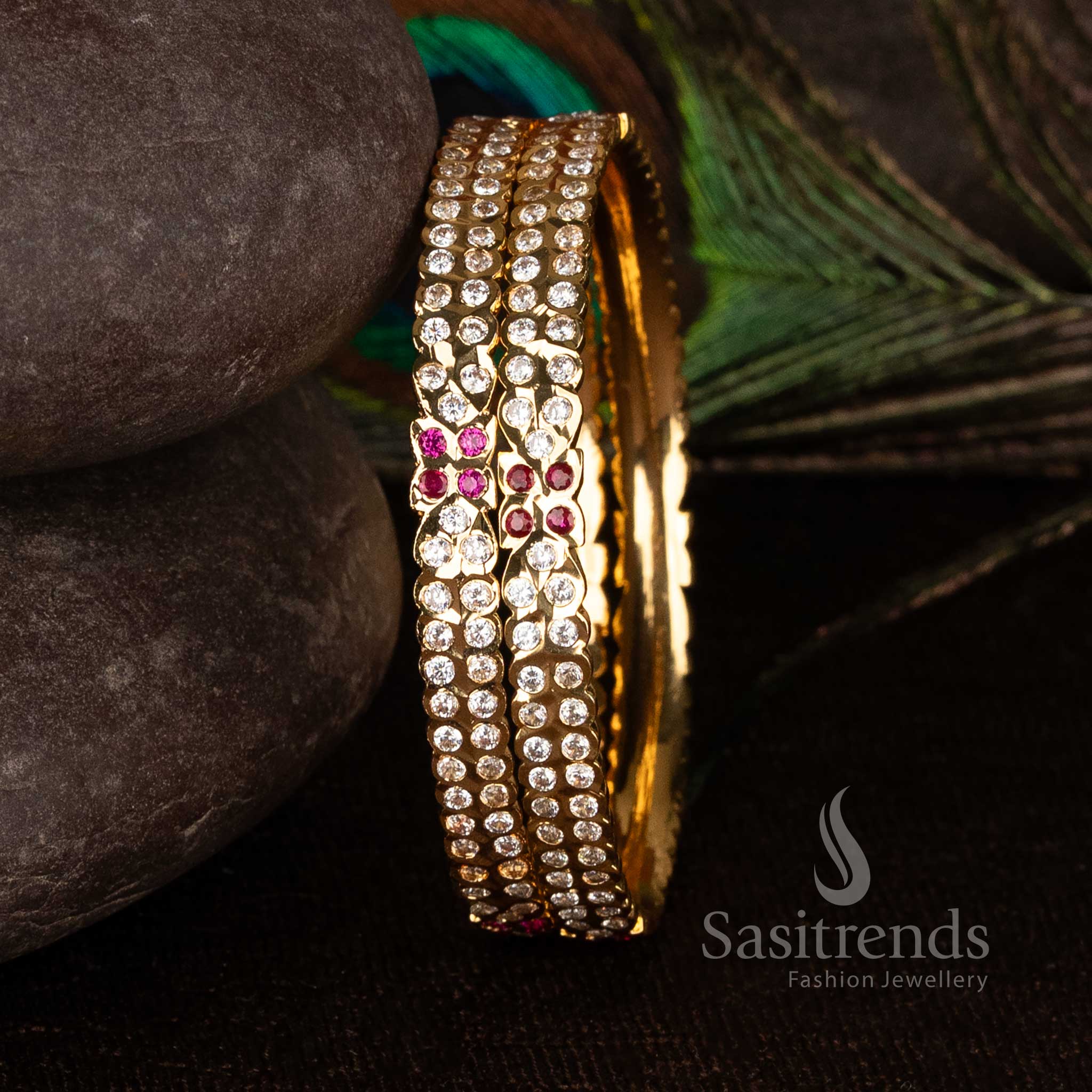 Radiant Floral Cluster AD Impon Micro Gold Plated Bangles with sparkling stone detailing - Sasitrends