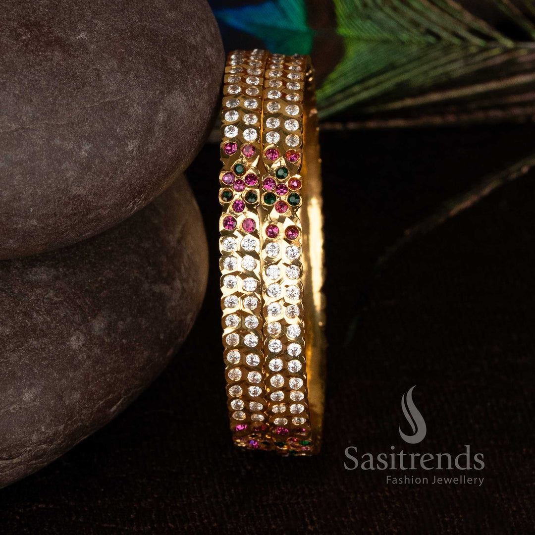 Imperial Bloom AD Stone Impon Micro Gold Plated Bangles with elegant floral-inspired detailing - Sasitrends