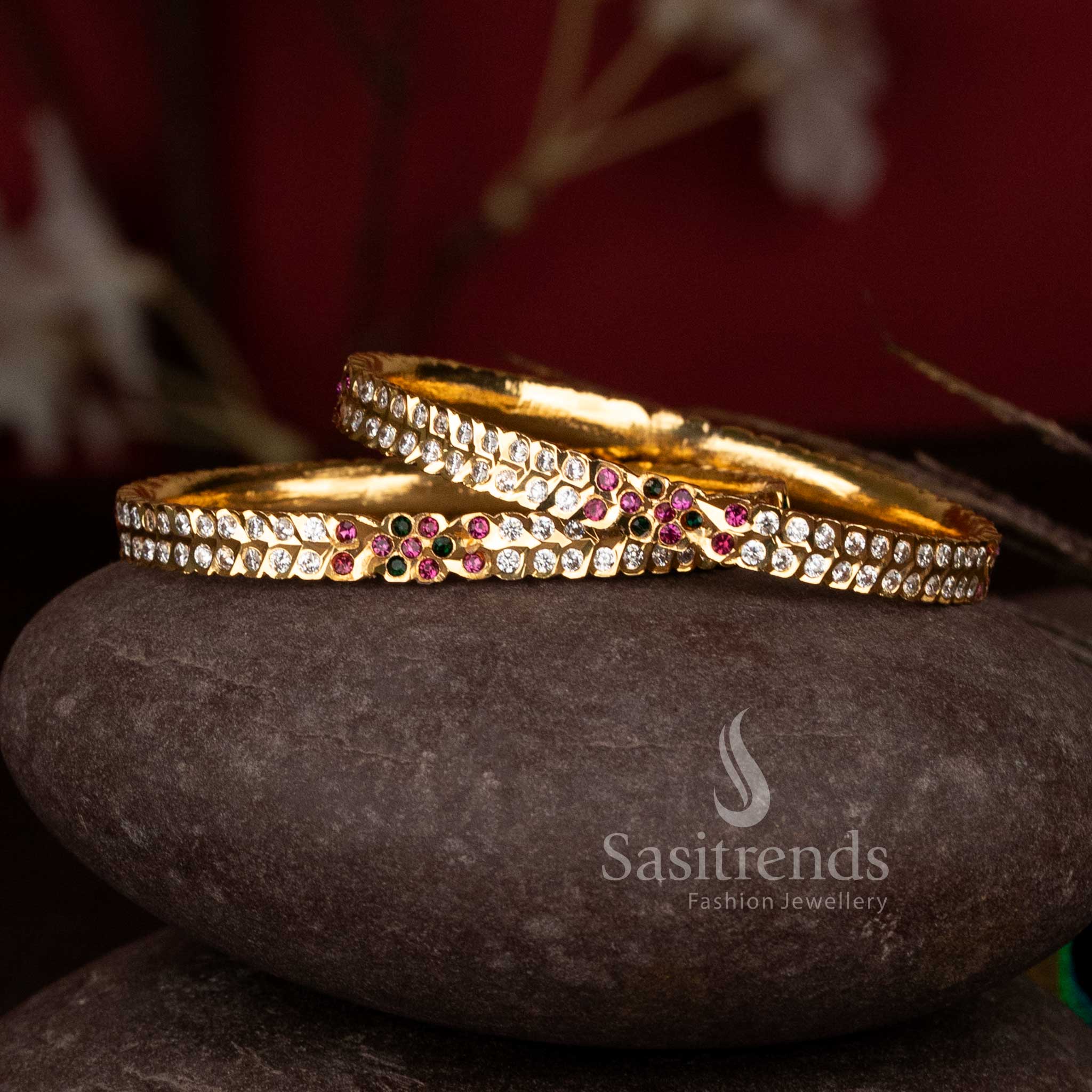 Imperial Bloom AD Stone Impon Micro Gold Plated Bangles with elegant floral-inspired detailing - Sasitrends