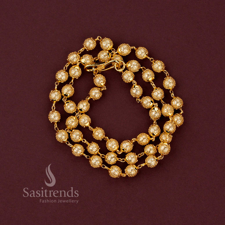 Traditional One Gram Micro Gold Plated Grand Mesh Round Pearl Chain Necklace featuring intricate craftsmanship and elegant traditional styling - Sasitrends.