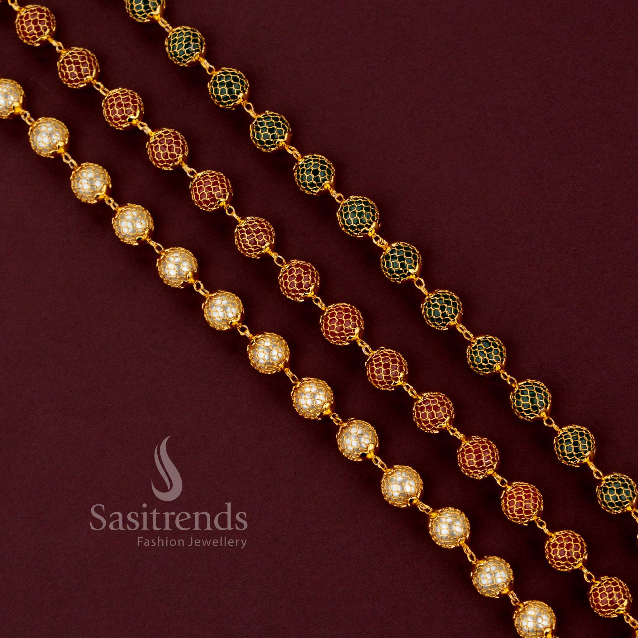 Elegant traditional micro gold plated chain necklace with grand mesh design and classic round pearl accents - Sasitrends.