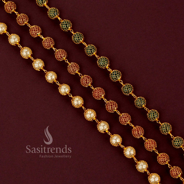 Elegant traditional micro gold plated chain necklace with grand mesh design and classic round pearl accents - Sasitrends.