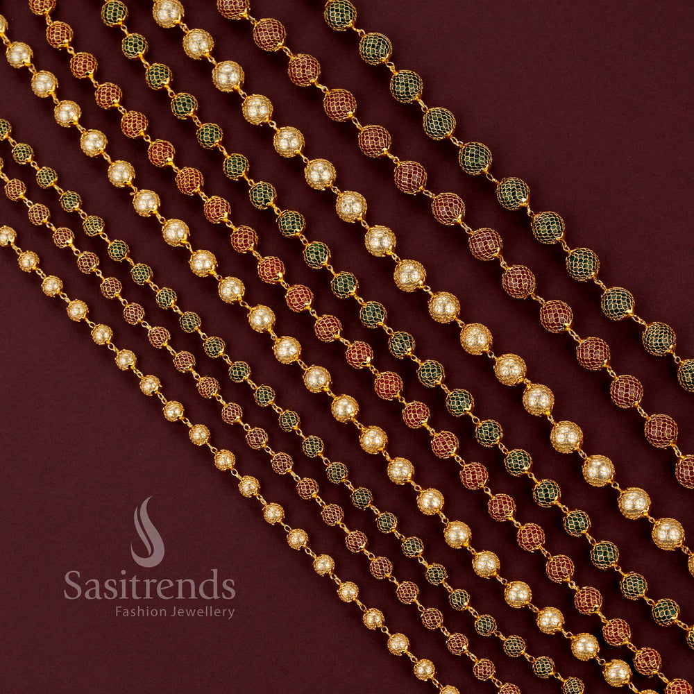 Elegant traditional micro gold plated chain necklace with grand mesh design and classic round pearl accents - Sasitrends.