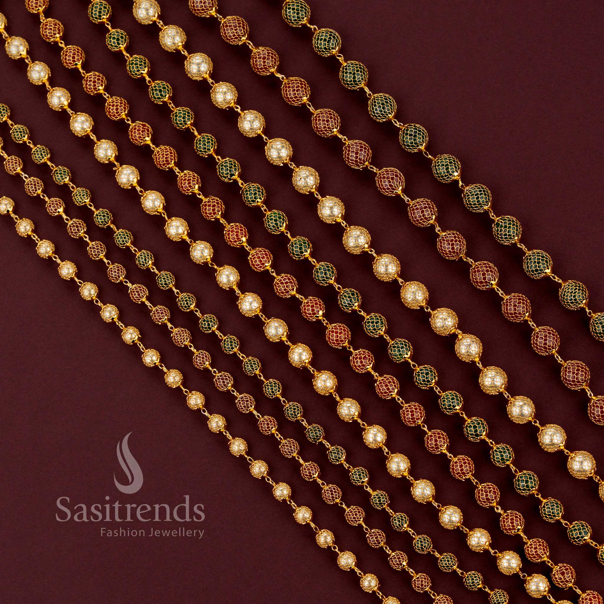Elegant traditional micro gold plated chain necklace with grand mesh design and classic round pearl accents - Sasitrends.