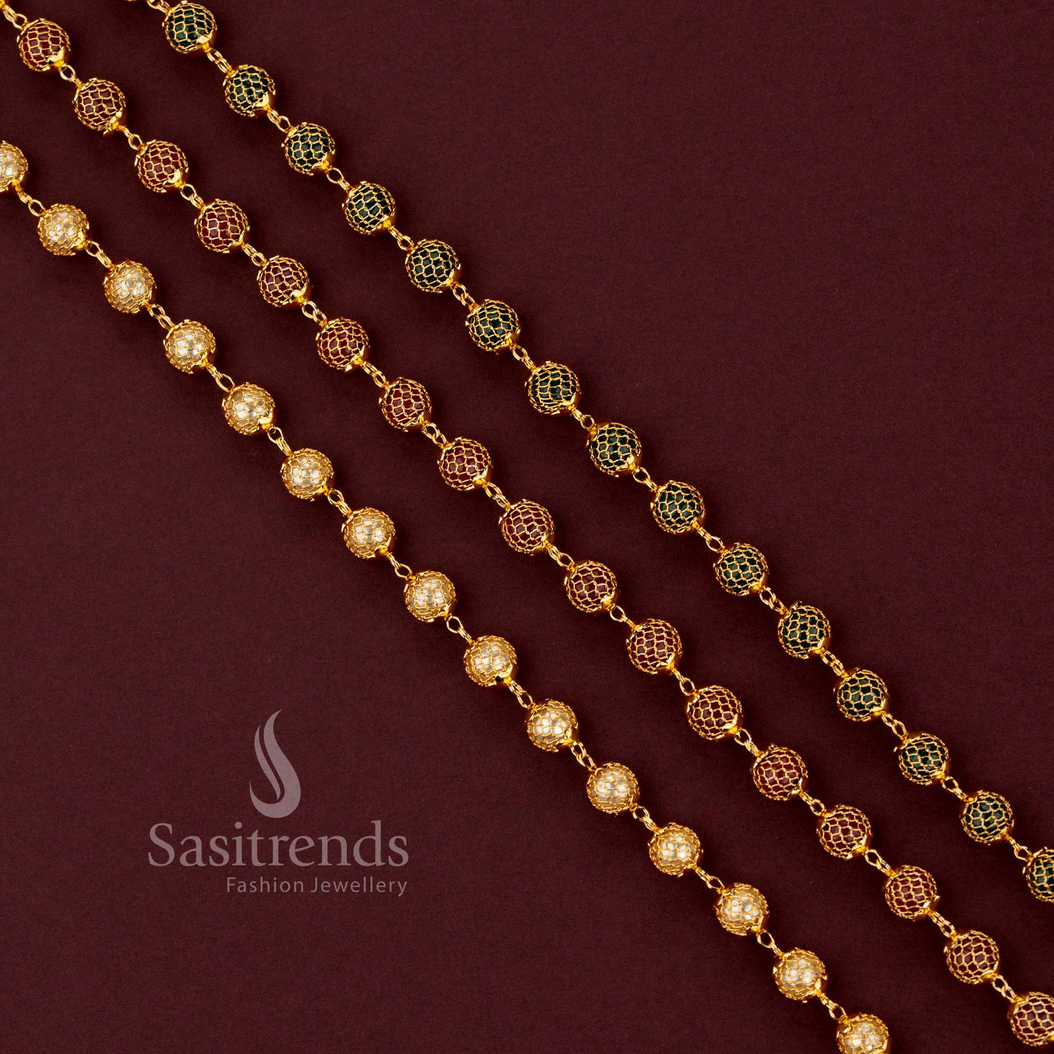 Elegant traditional micro gold plated chain necklace with grand mesh design and classic round pearl accents - Sasitrends.