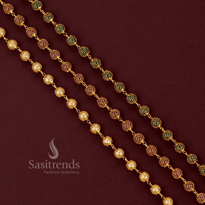 Elegant traditional micro gold plated chain necklace with grand mesh design and classic round pearl accents - Sasitrends.