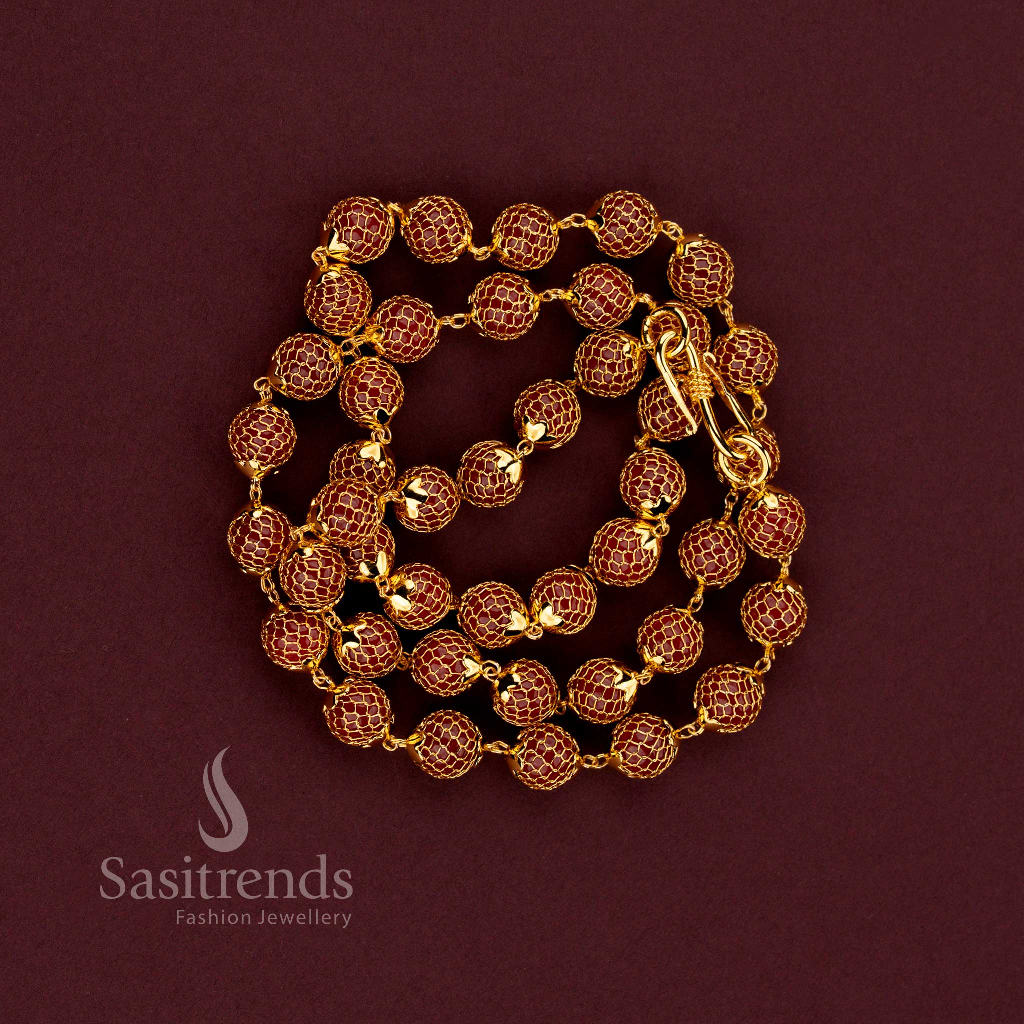 Elegant traditional micro gold plated chain necklace with grand mesh design and classic round pearl accents - Sasitrends.