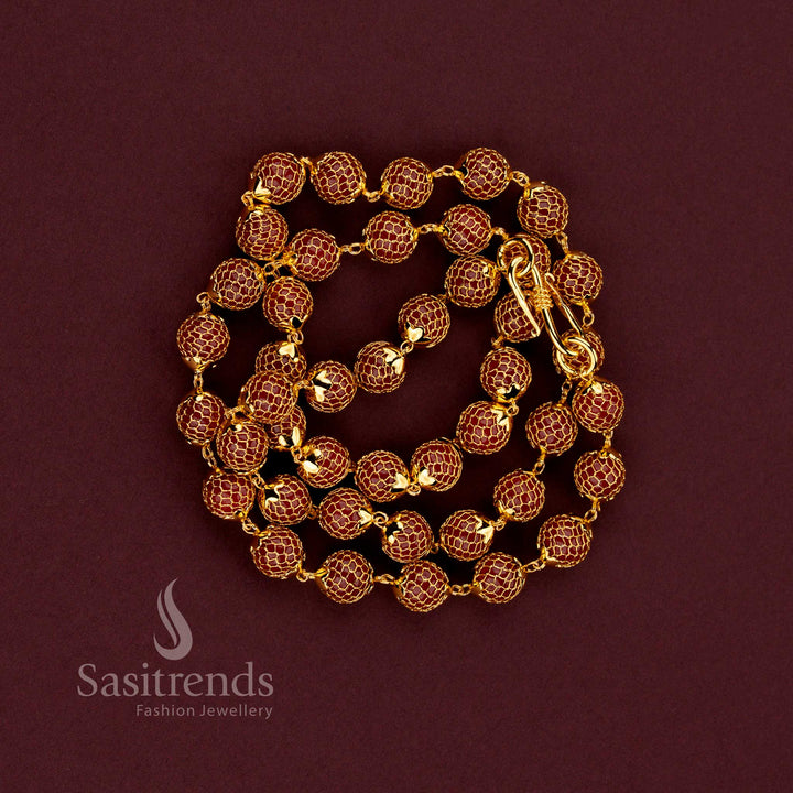 Elegant traditional micro gold plated chain necklace with grand mesh design and classic round pearl accents - Sasitrends.