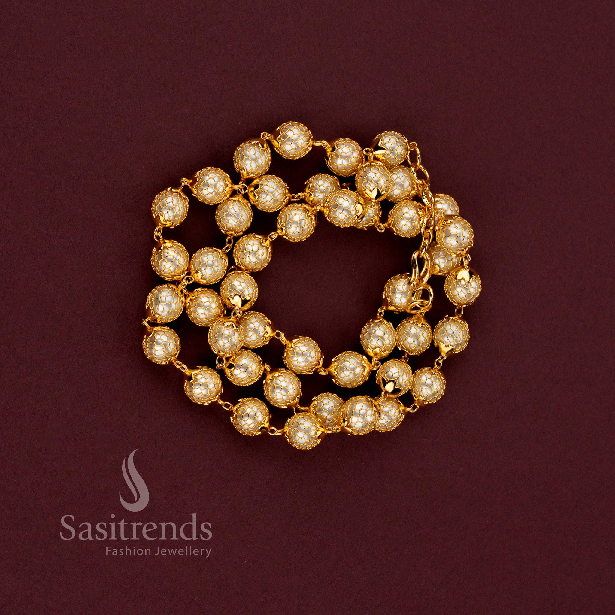 Grand mesh design micro gold plated round pearl chain necklace with luxurious gold-like finish for festive occasions - Sasitrends.