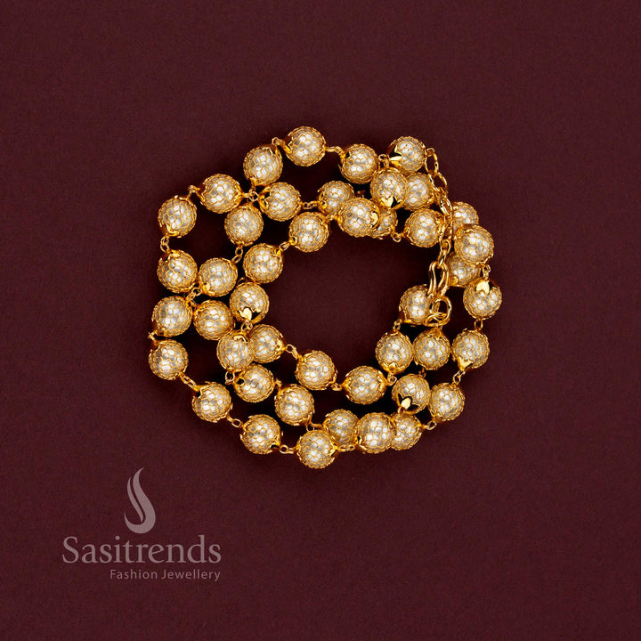 Grand mesh design micro gold plated round pearl chain necklace with luxurious gold-like finish for festive occasions - Sasitrends.