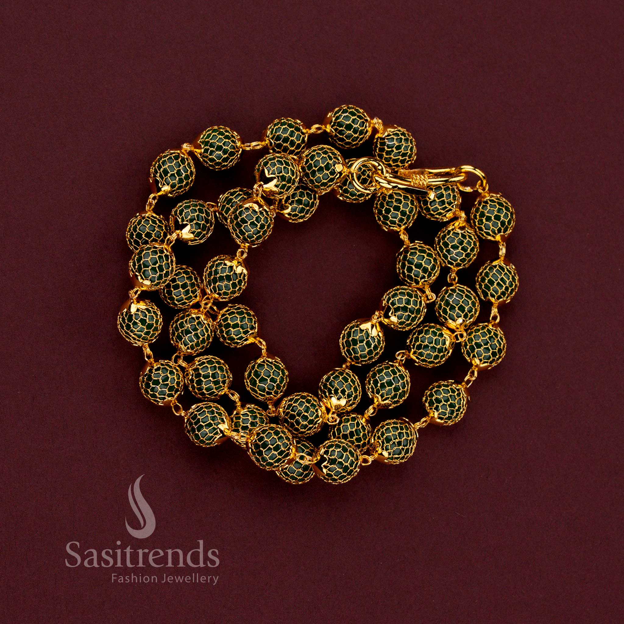 Elegant traditional micro gold plated chain necklace with grand mesh design and classic round pearl accents - Sasitrends.