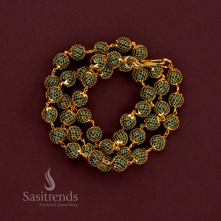 Elegant traditional micro gold plated chain necklace with grand mesh design and classic round pearl accents - Sasitrends.