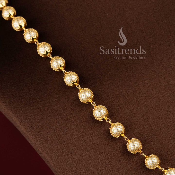 Festive wear pearl chain necklace with intricate mesh design and white stone embellishment - Sasitrends
