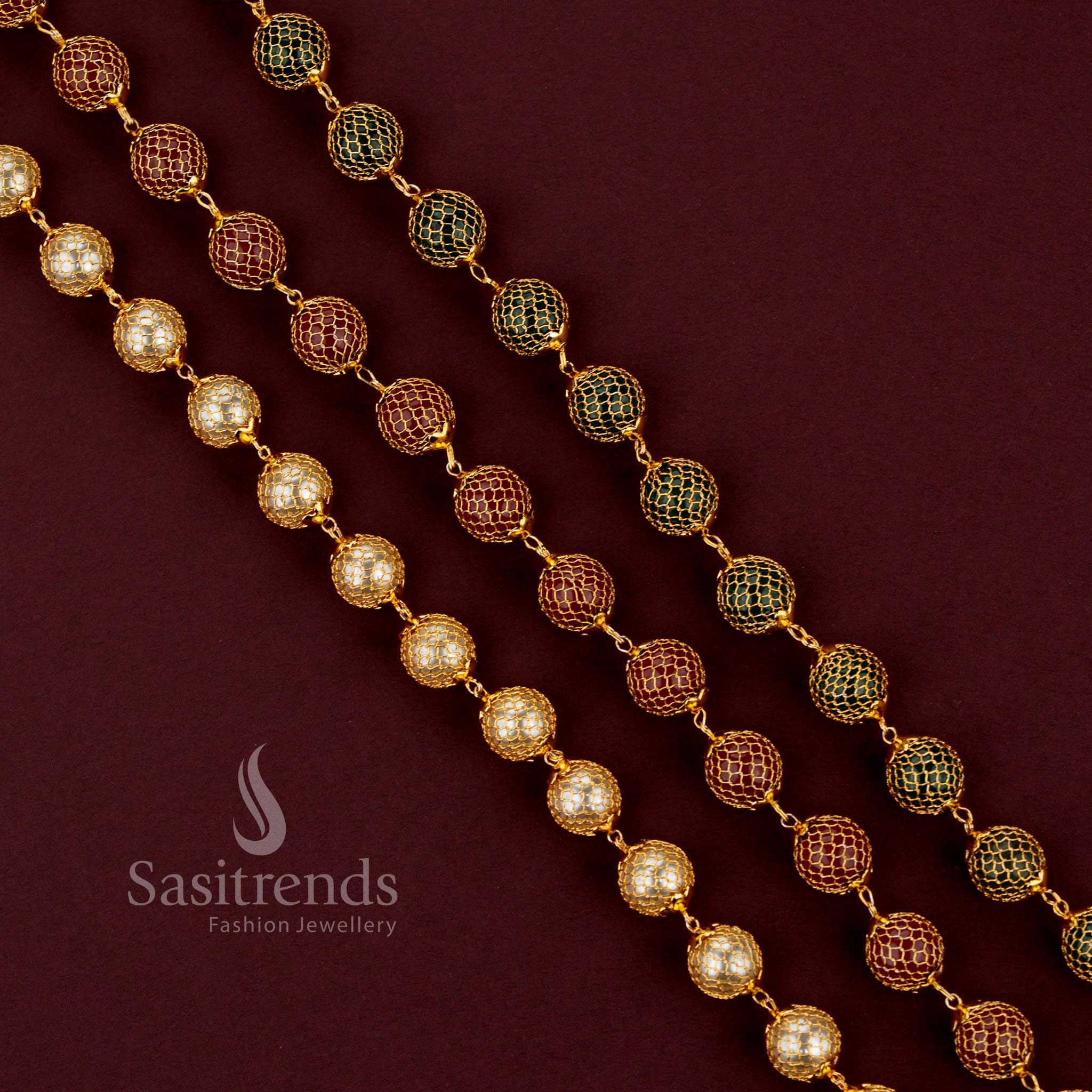 Elegant traditional micro gold plated chain necklace with grand mesh design and classic round pearl accents - Sasitrends.