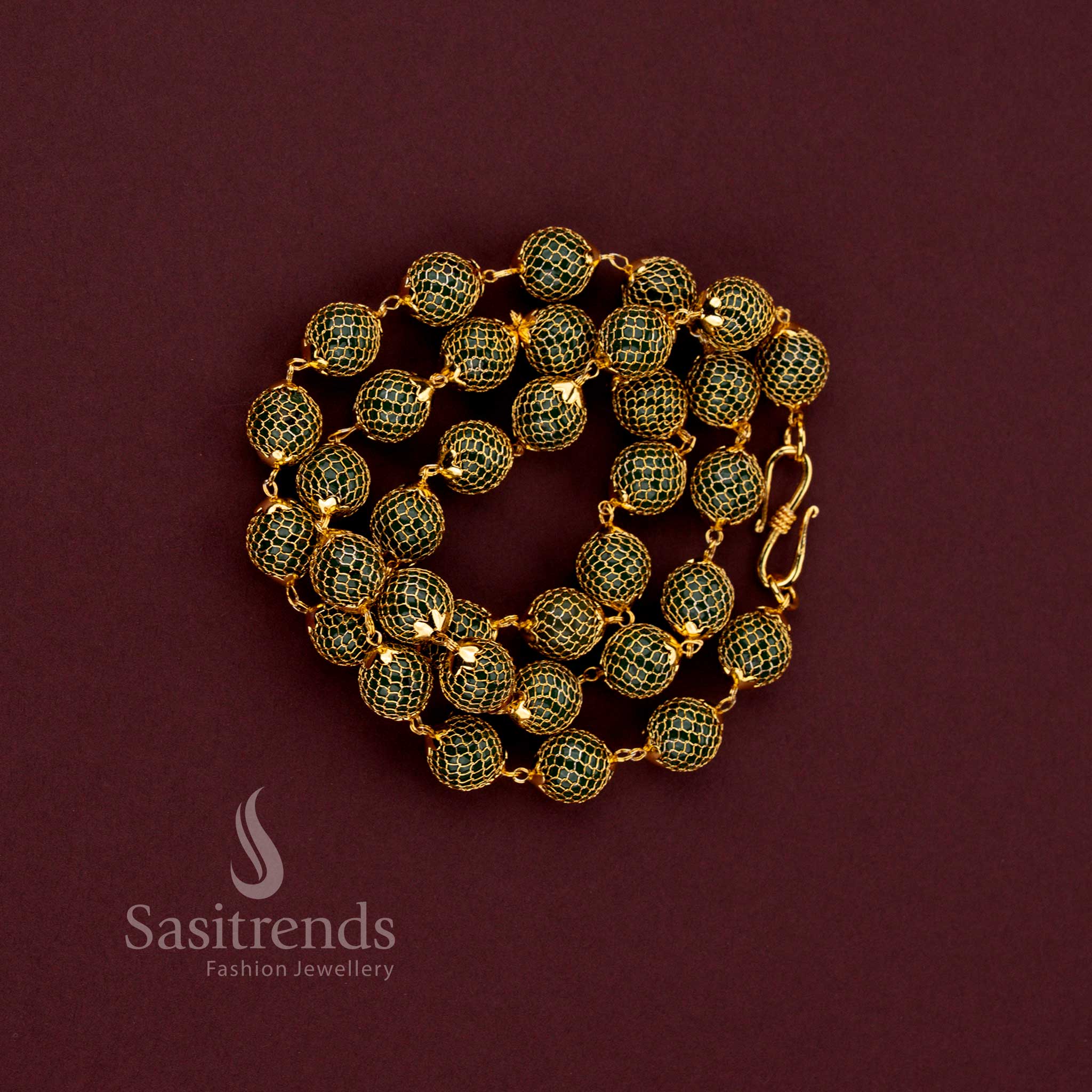 Traditional One Gram Micro Gold Plated Grand Mesh Round Pearl Chain Necklace featuring intricate craftsmanship and elegant traditional styling - Sasitrends.