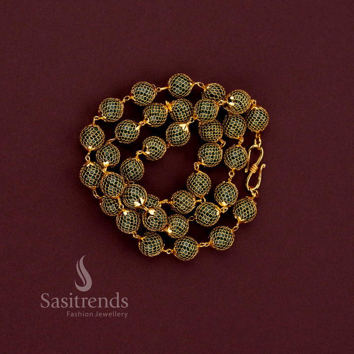 Traditional One Gram Micro Gold Plated Grand Mesh Round Pearl Chain Necklace featuring intricate craftsmanship and elegant traditional styling - Sasitrends.