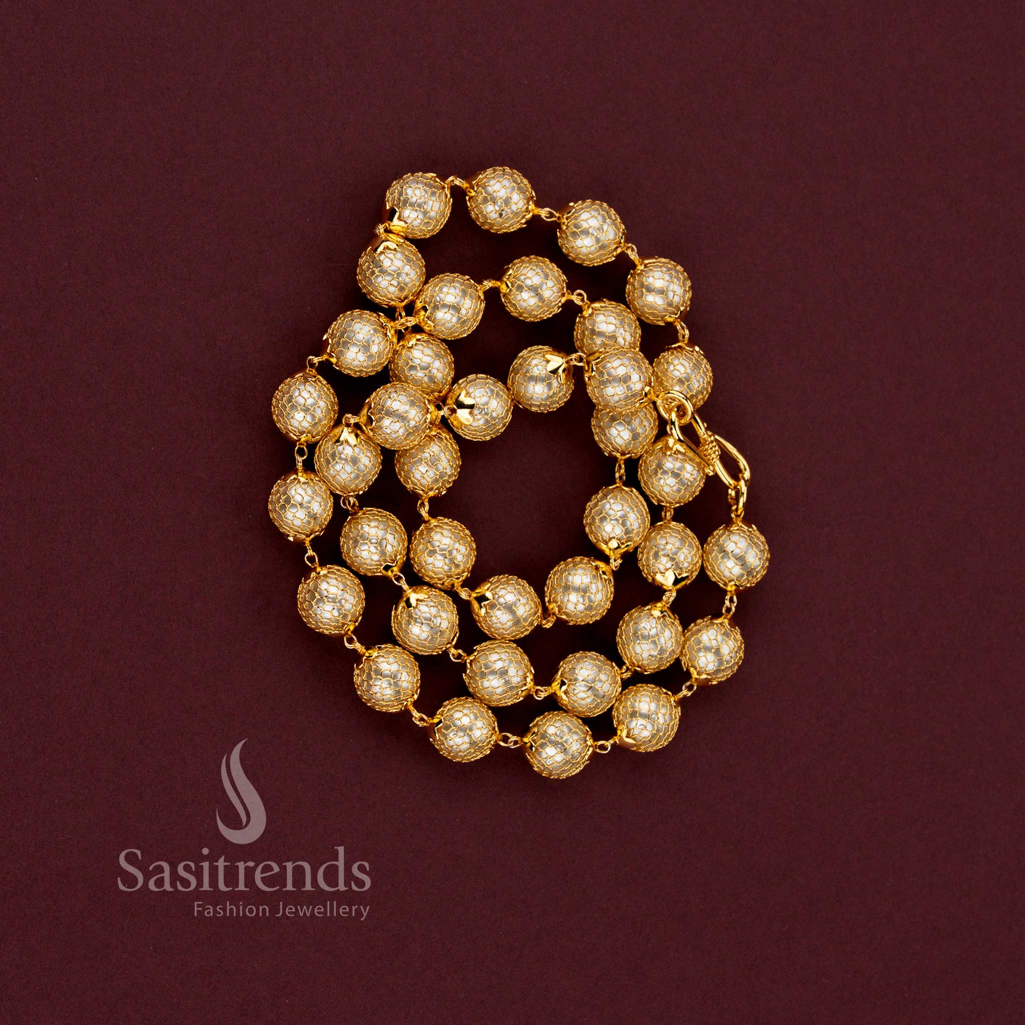 one gram micro gold plated traditional pearl chain showcasing detailed mesh pattern and timeless elegance - Sasitrends.