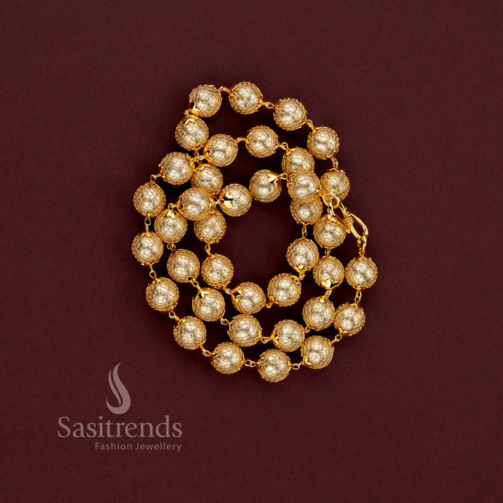 one gram micro gold plated traditional pearl chain showcasing detailed mesh pattern and timeless elegance - Sasitrends.