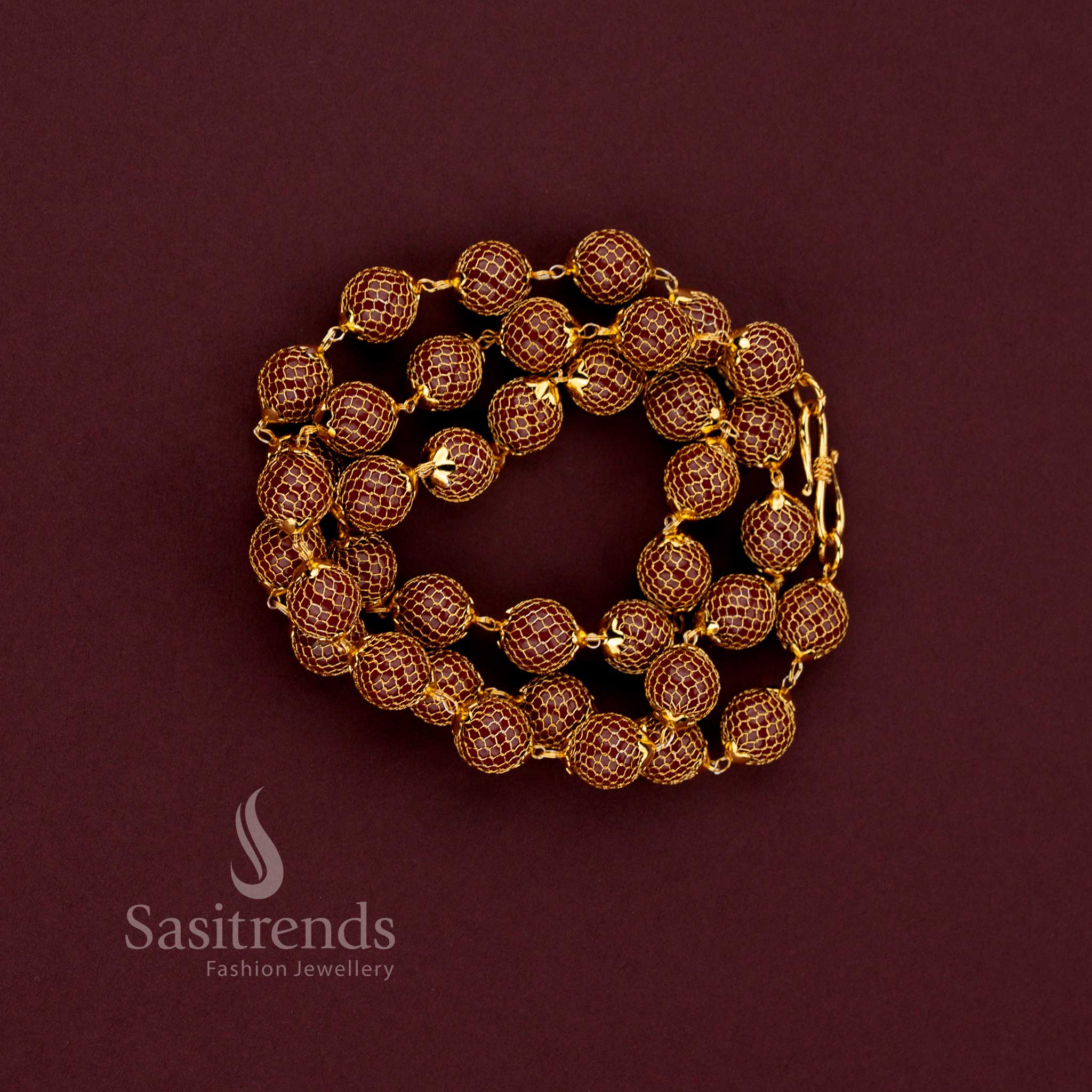 one gram micro gold plated traditional pearl chain showcasing detailed mesh pattern and timeless elegance - Sasitrends.