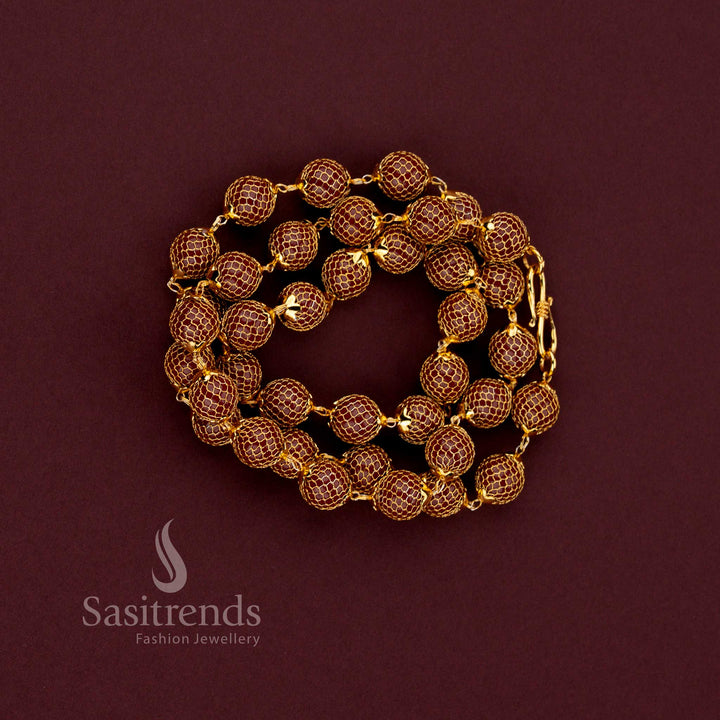 one gram micro gold plated traditional pearl chain showcasing detailed mesh pattern and timeless elegance - Sasitrends.
