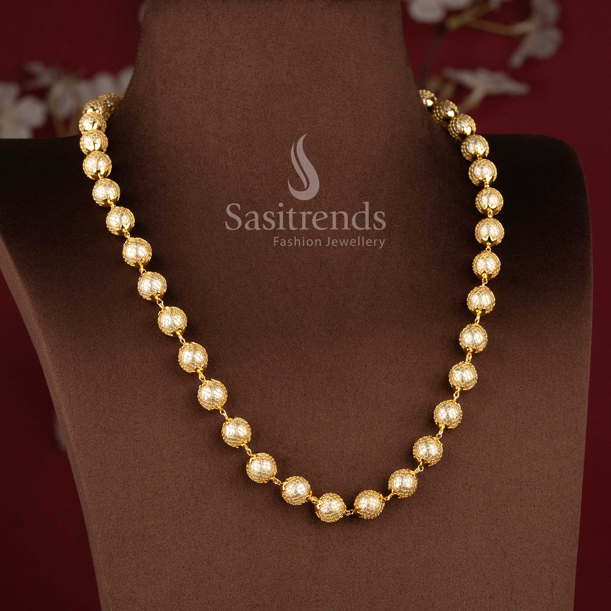 Traditional One Gram Micro Gold Plated Grand Mesh Round Pearl Chain Necklace with red stone pendant - Sasitrends