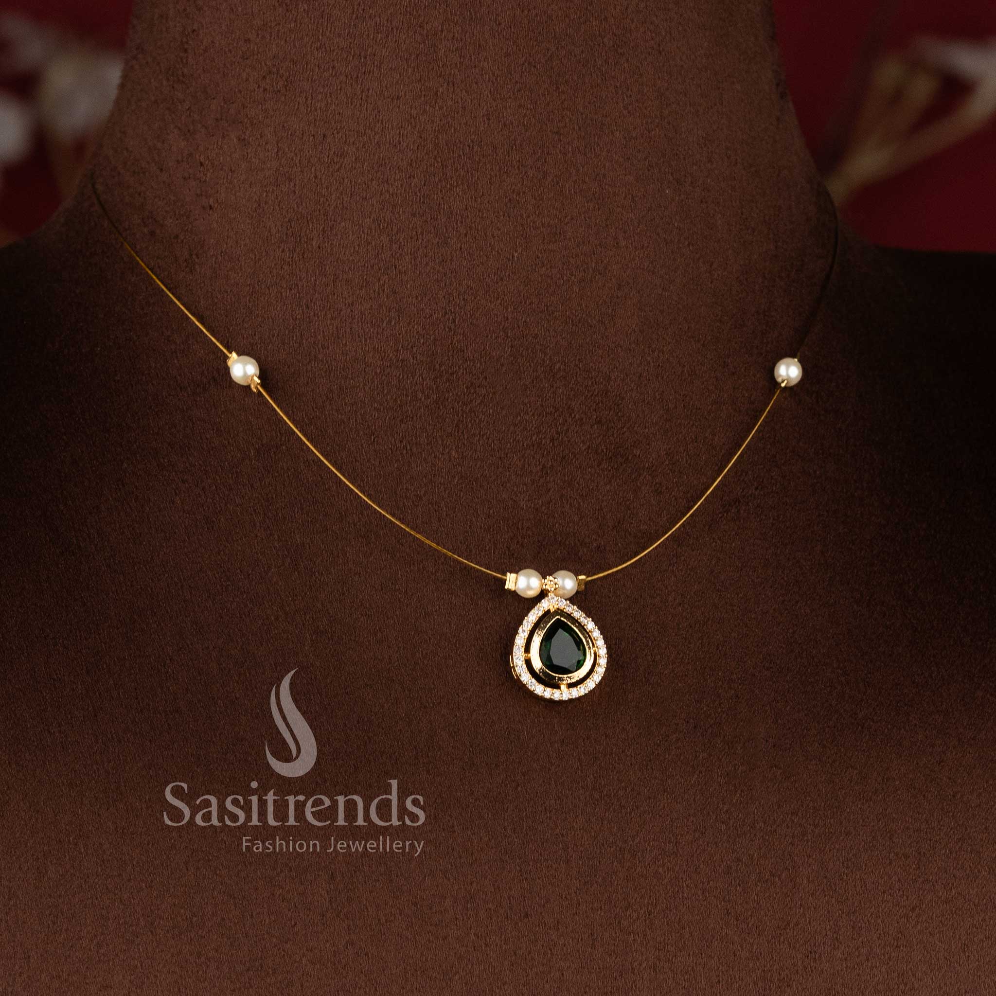 Elegant Invisible American Diamond 24K micro gold plated necklace set with pearl accent detailing - Sasitrends.