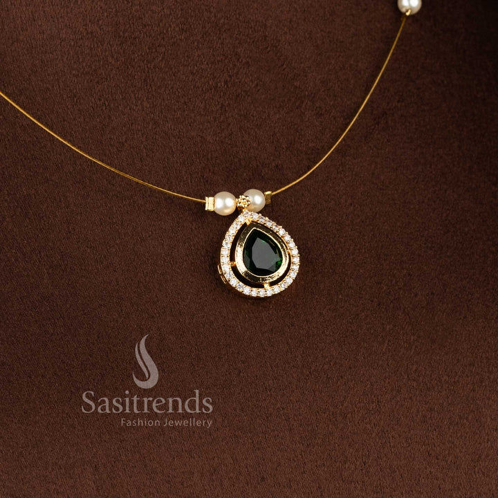 Elegant Invisible American Diamond 24K micro gold plated necklace set with pearl accent detailing - Sasitrends.