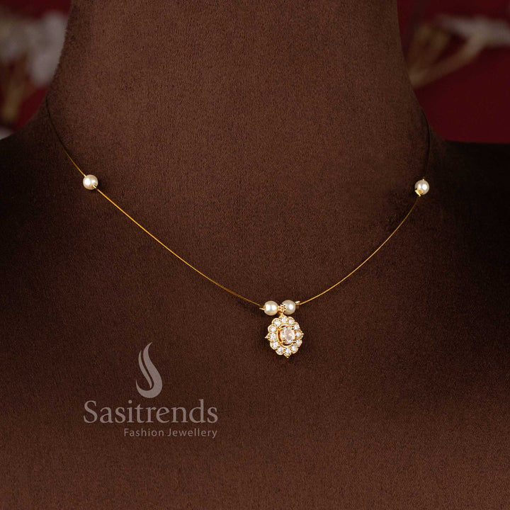 Elegant Invisible American Diamond 24K micro gold plated necklace set with pearl accent detailing - Sasitrends.