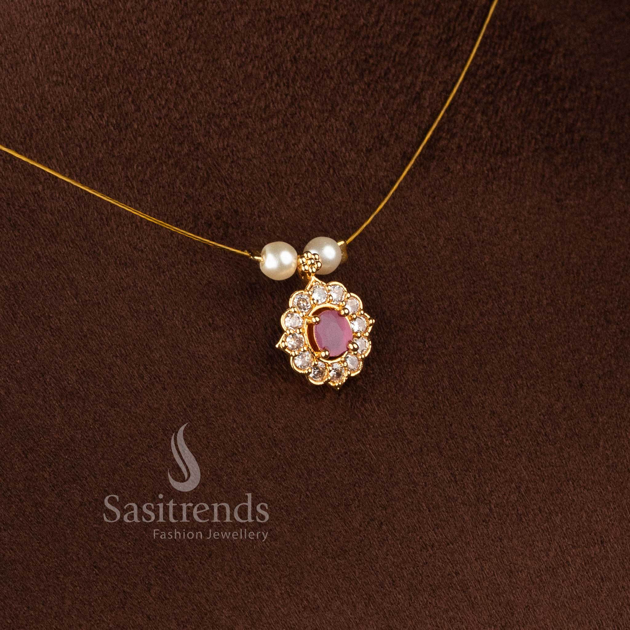 Elegant Invisible American Diamond 24K micro gold plated necklace set with pearl accent detailing - Sasitrends.