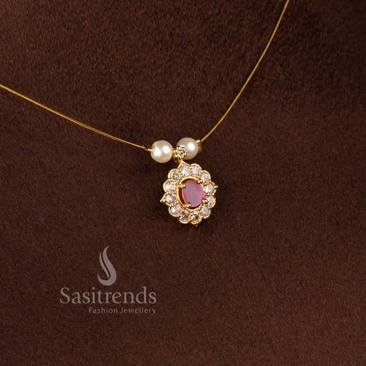Elegant Invisible American Diamond 24K micro gold plated necklace set with pearl accent detailing - Sasitrends.