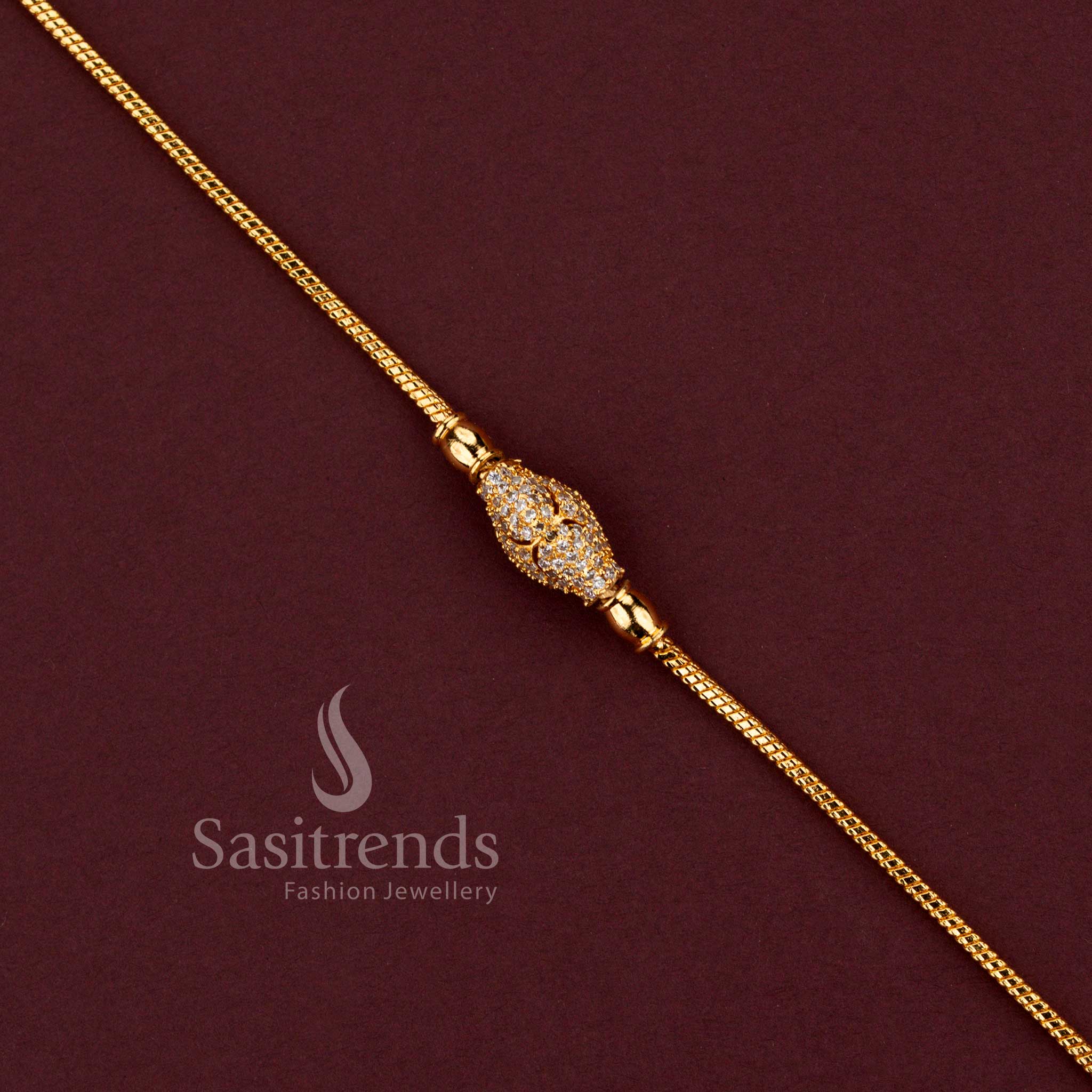 Micro Gold Plated Oval Ball AD Stone Designer Mugappu Chain with Sparkling White Stones and Traditional Gold Look Finish for Women - Sasitrends