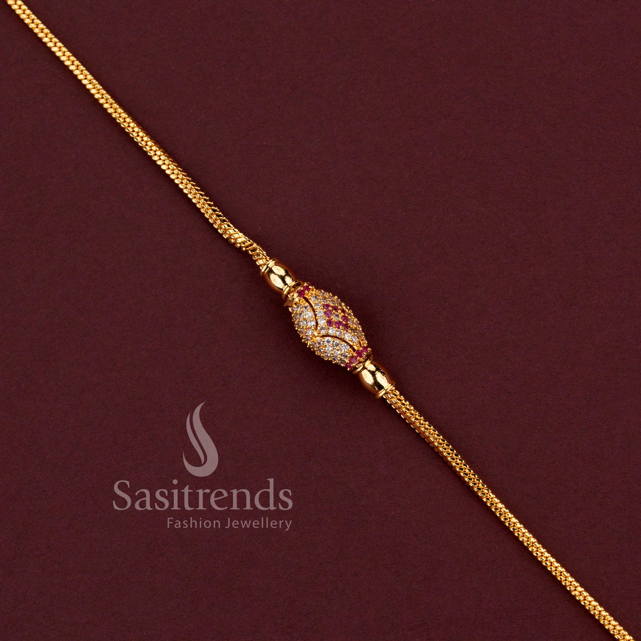 Traditional Gold Look Oval Ball Designer Mugappu Chain with White and Ruby Stones in Micro Gold Plated Finish - Sasitrends