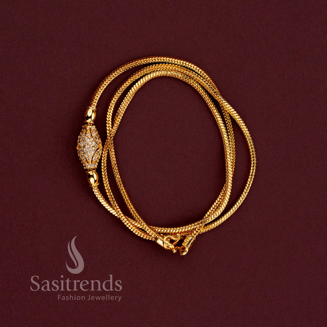 Micro Gold Plated Oval Ball AD Stone Designer Mugappu Chain with Sparkling White Stones and Traditional Gold Look Finish for Women - Sasitrends