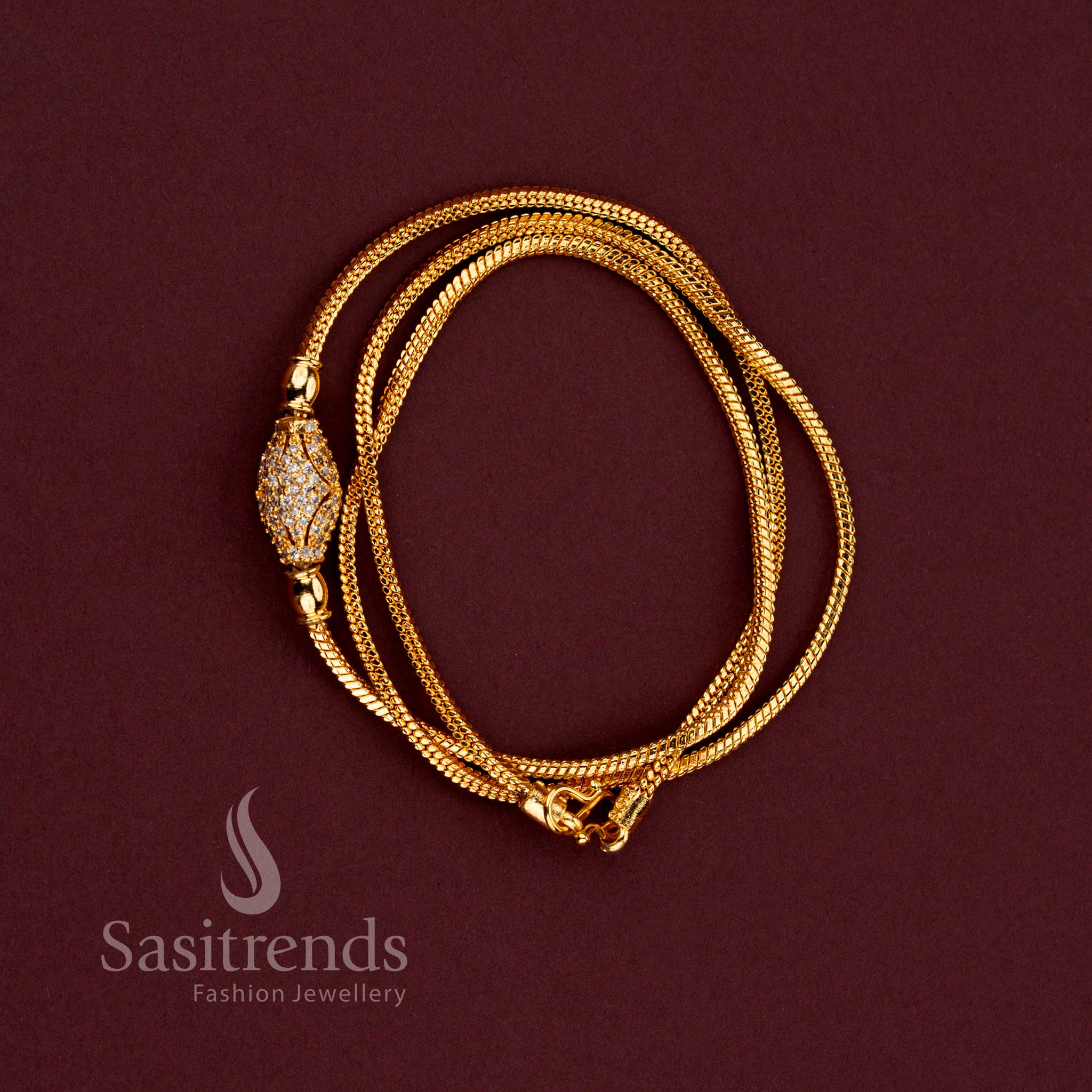 Micro Gold Plated Oval Ball AD Stone Designer Mugappu Chain with Sparkling White Stones and Traditional Gold Look Finish for Women - Sasitrends