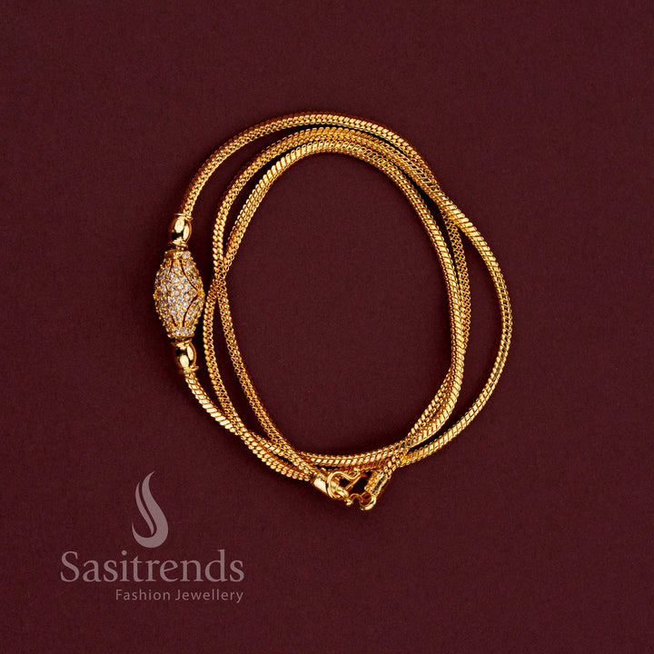 Micro Gold Plated Oval Ball AD Stone Designer Mugappu Chain with Sparkling White Stones and Traditional Gold Look Finish for Women - Sasitrends