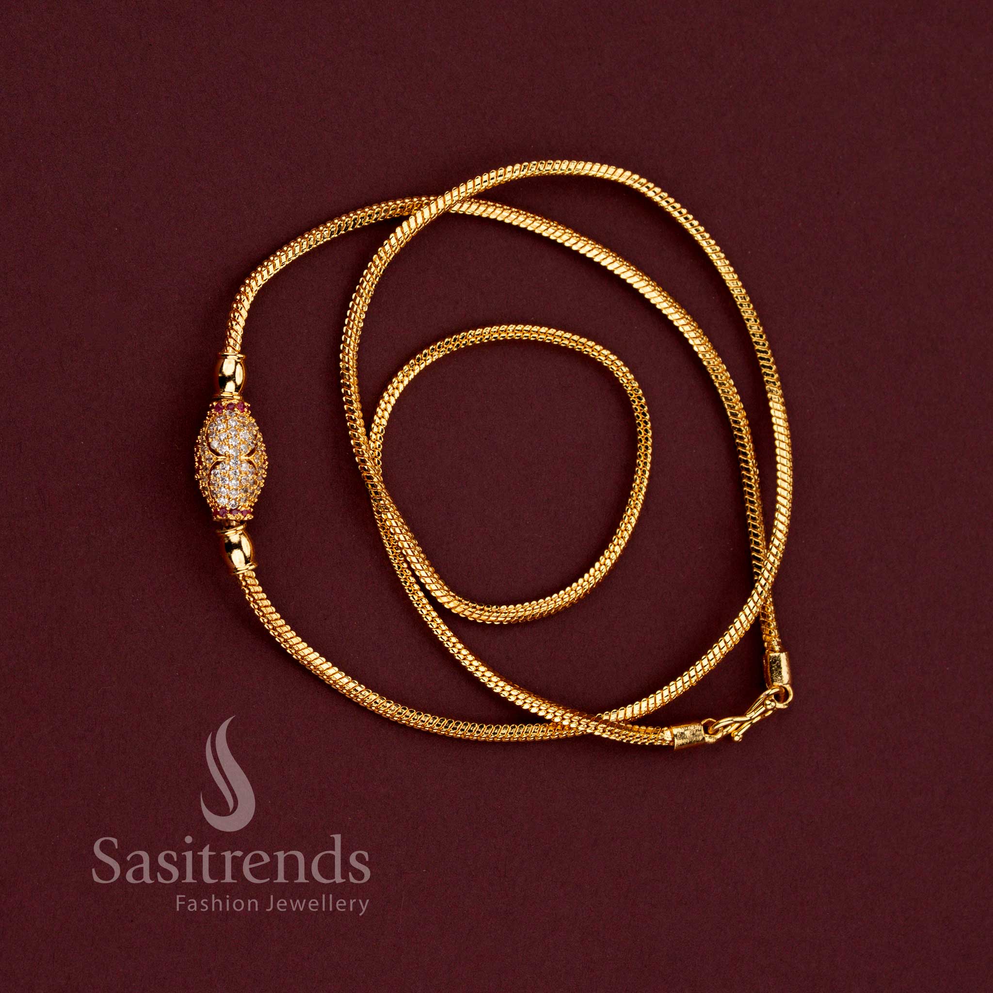 Traditional Gold Look Oval Ball Designer Mugappu Chain with White and Ruby Stones in Micro Gold Plated Finish - Sasitrends