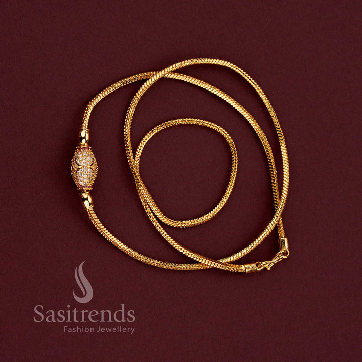 Traditional Gold Look Oval Ball Designer Mugappu Chain with White and Ruby Stones in Micro Gold Plated Finish - Sasitrends