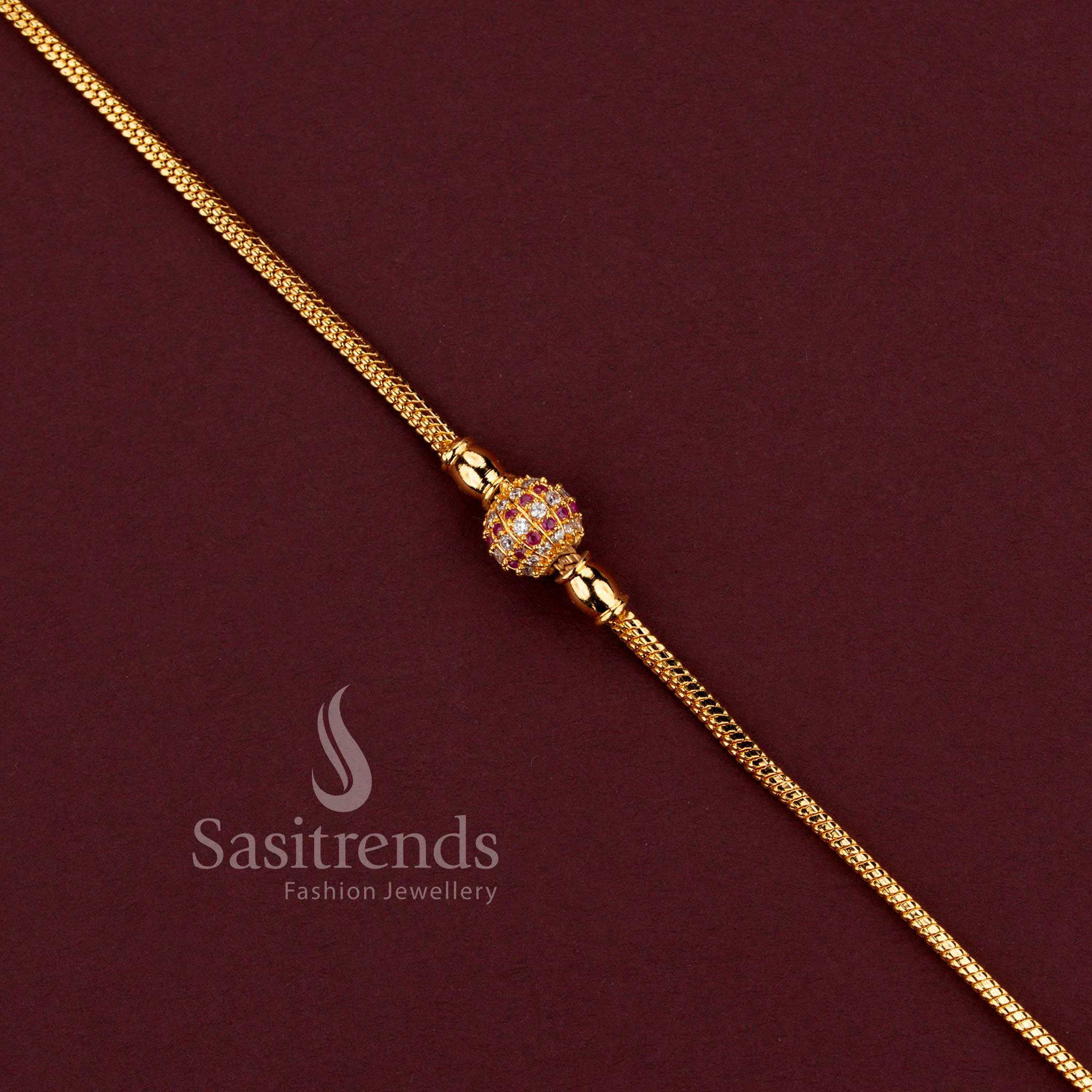 Guaranteed One Gram Micro Gold Plated Crystal Globe Mugappu Chain with White and Ruby AD Stone Detailing for Women - Sasitrends